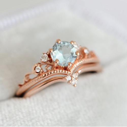 Rose Gold Aquamarine Crown Ring Set