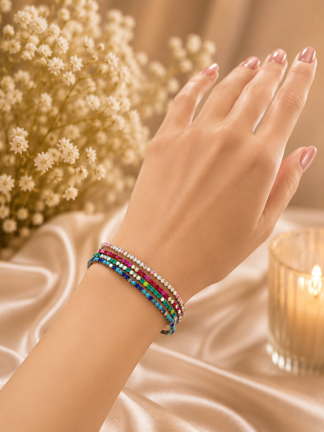 Rainbow Crystal Tennis Bracelet – Gold-Plated Multicolor CZ Bracelet