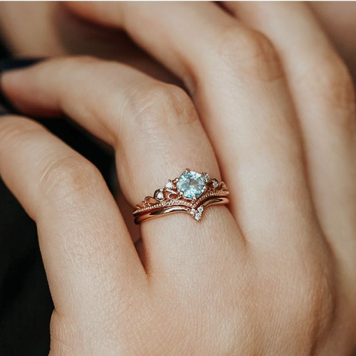 Rose Gold Aquamarine Crown Ring Set